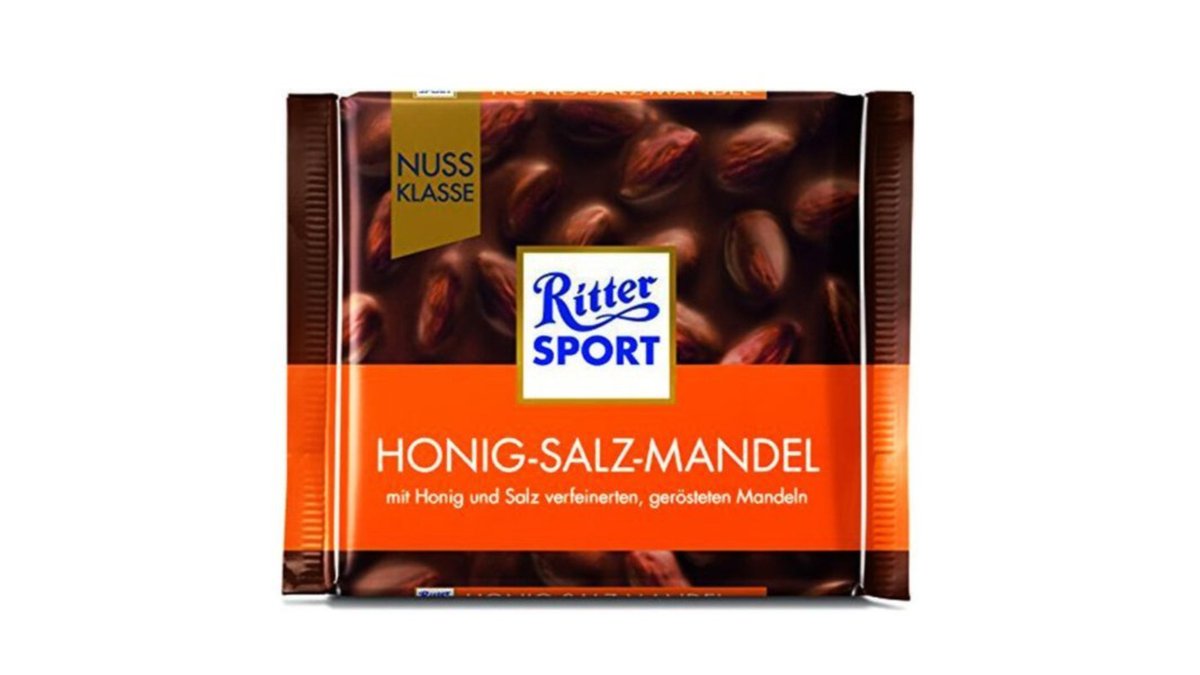 Ritter Sport, молочный шоколад с жареным соленым миндалем и медовой глазурью, 100 г