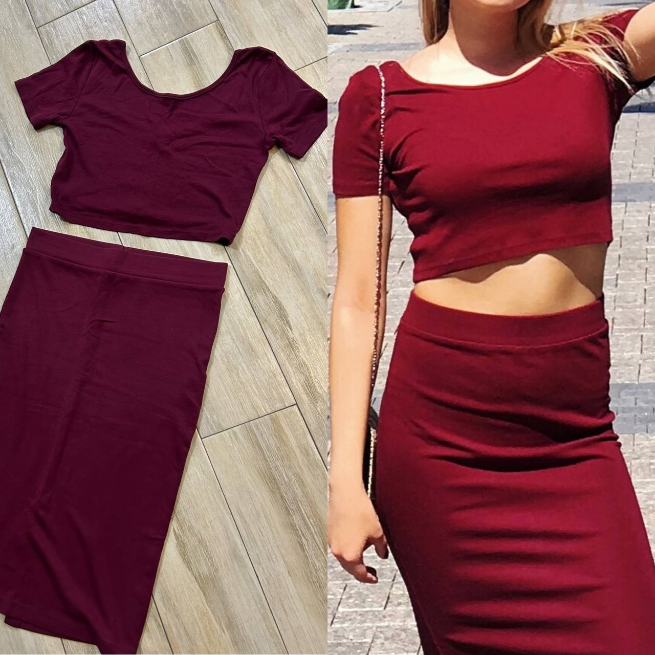 Двойка топ и юбка бордовые, хлопок, M/L