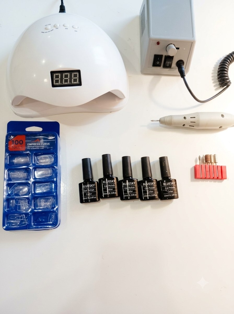 Стартовый набор для маникюра: UV/LED лампа, фрезер, 5 гель-лаков Bluesky, типсы