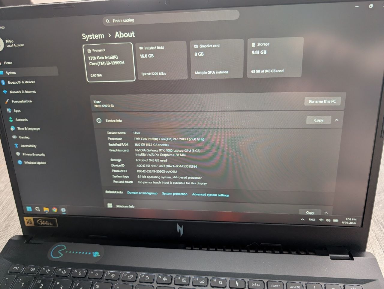 Ноутбук Acer Nitro V15 (RTX 4060, i9-13900H, 16GB, 1TB SSD)