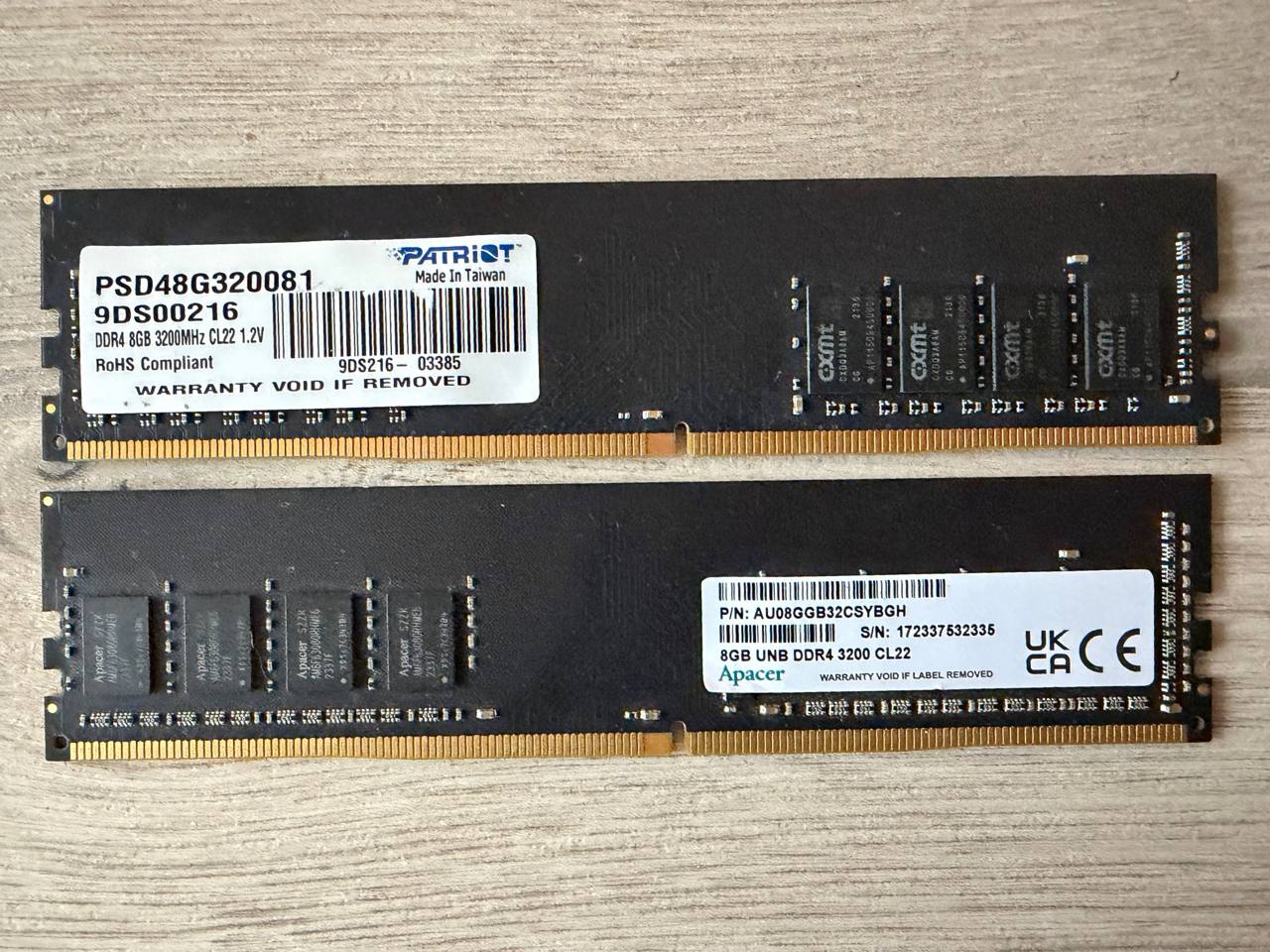 Оперативная память DDR4 16 ГБ (Patriot 8 ГБ + Apacer 8 ГБ, 3200 МГц)