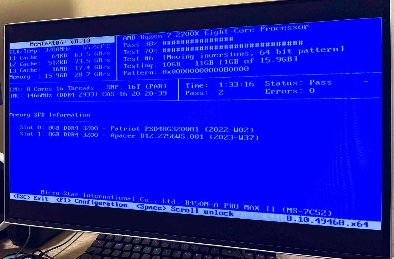 Оперативная память DDR4 16 ГБ (Patriot 8 ГБ + Apacer 8 ГБ, 3200 МГц)