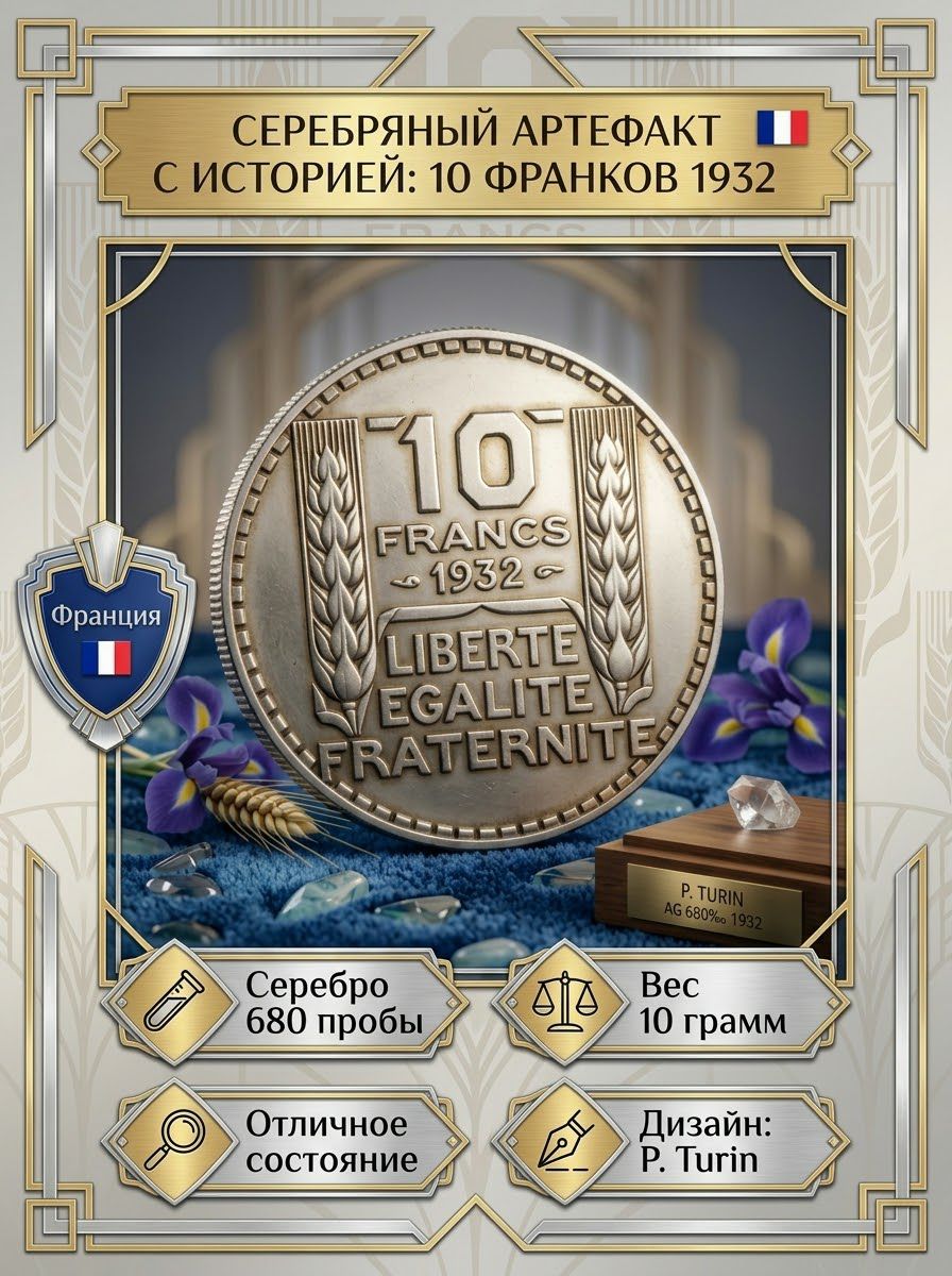 Французская монета 10 франков 1932 года, серебро 680 пробы