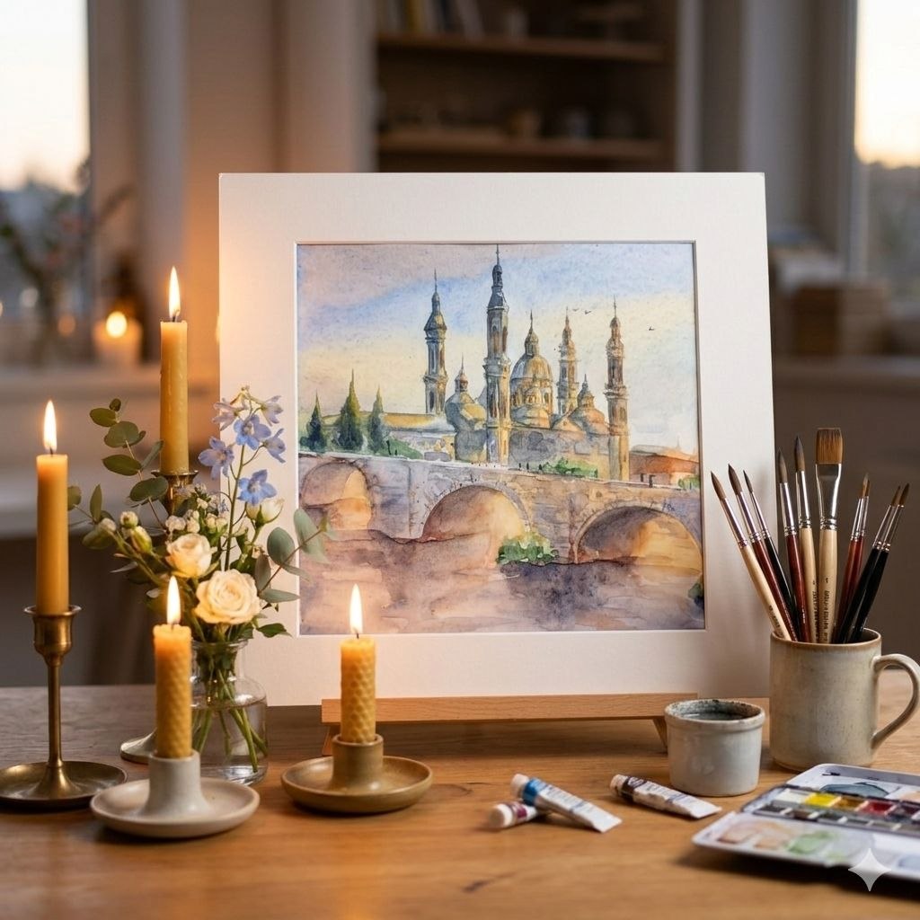 Картина "Каменный мост (Puente de Piedra) через реку Эбро, Сарагоса"