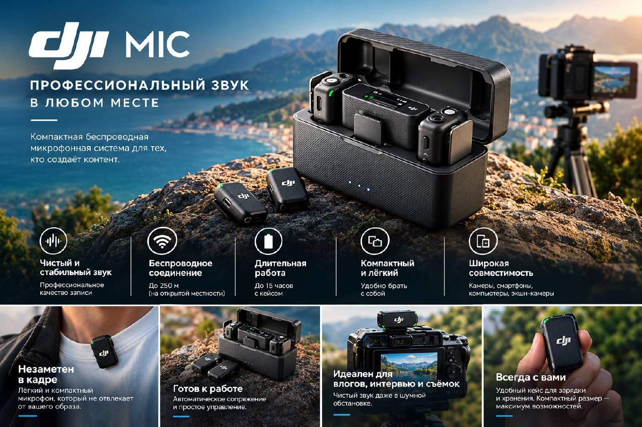 DJI Mic — беспроводная система (2 передатчика + приёмник)