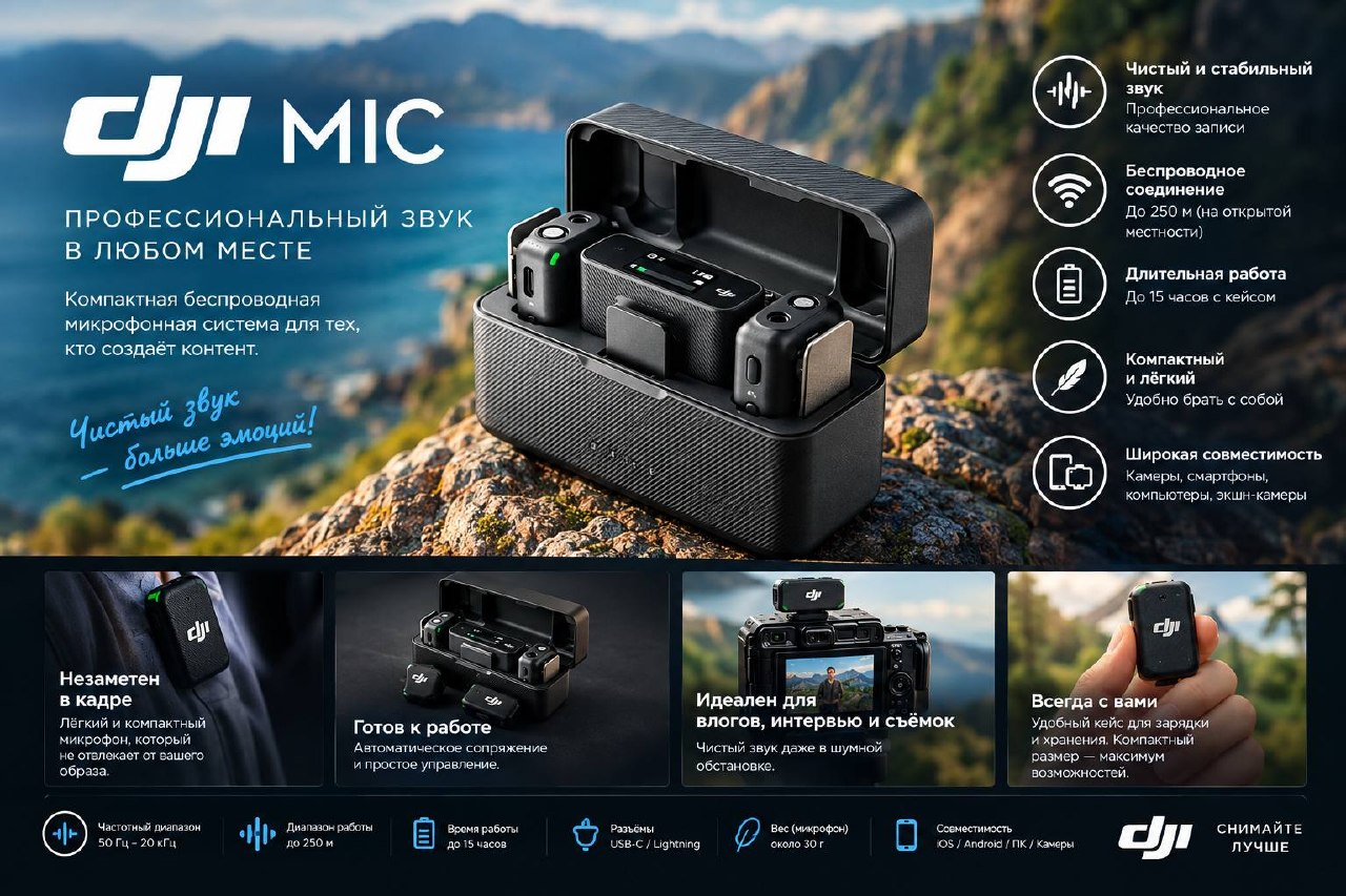 DJI Mic — беспроводная система (2 передатчика + приёмник)