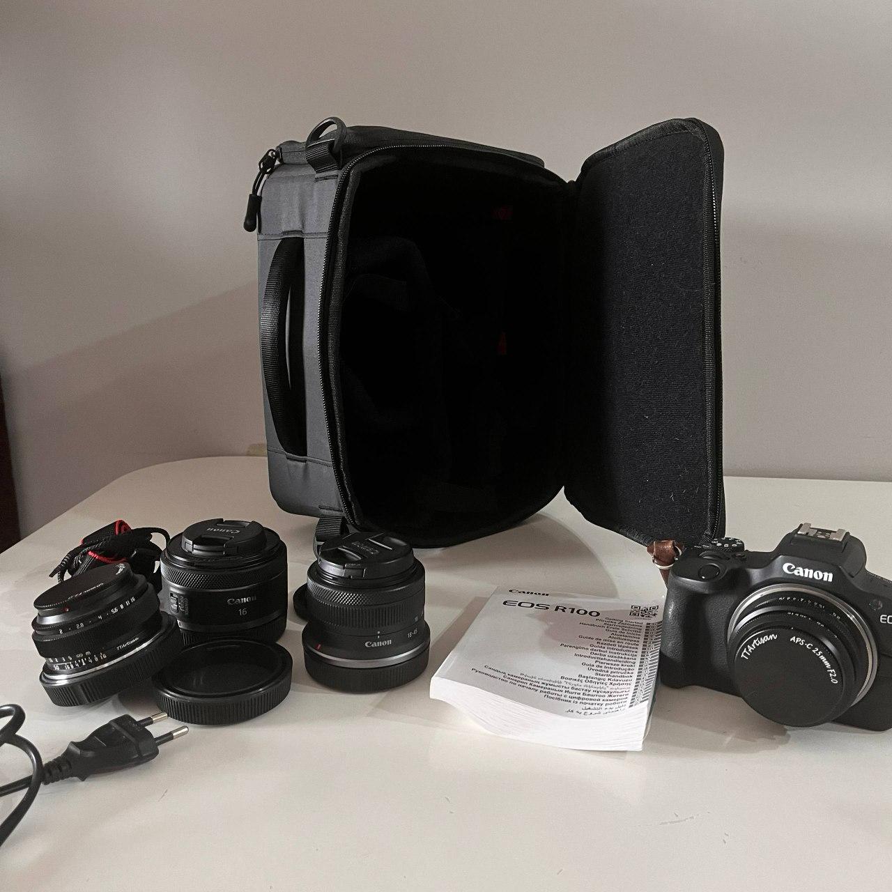 Комплект Canon EOS R100 + объективы RF-S 18-45mm, RF 16mm, TTArtisan 25mm, 50mm