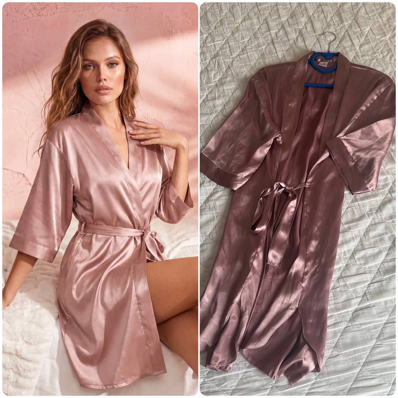 Халат атласный короткий женский, пудрово-розовый, S