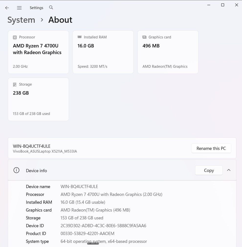 Ноутбук ASUS VivoBook 15 M533I, Ryzen 7, 16GB RAM, 238GB SSD