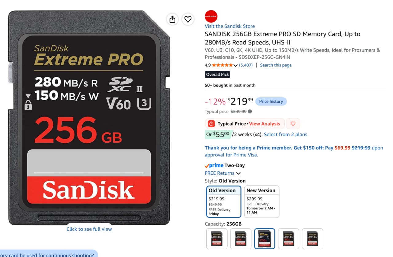 SanDisk Extreme PRO 256GB SD V60 карта памяти