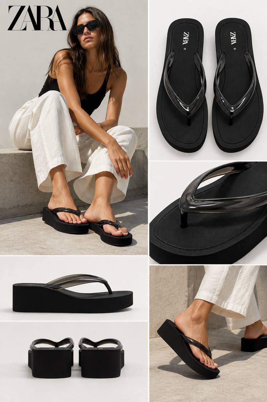 Чёрные вьетнамки Zara на платформе, размер 38