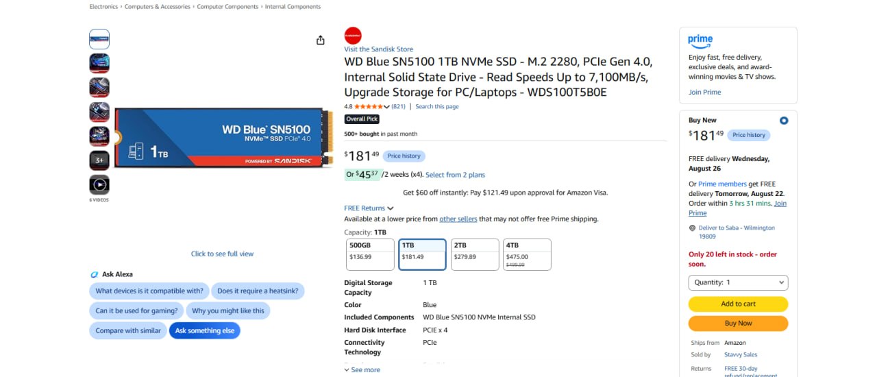 SSD WD Blue SN5100 1TB NVMe M.2 Gen4