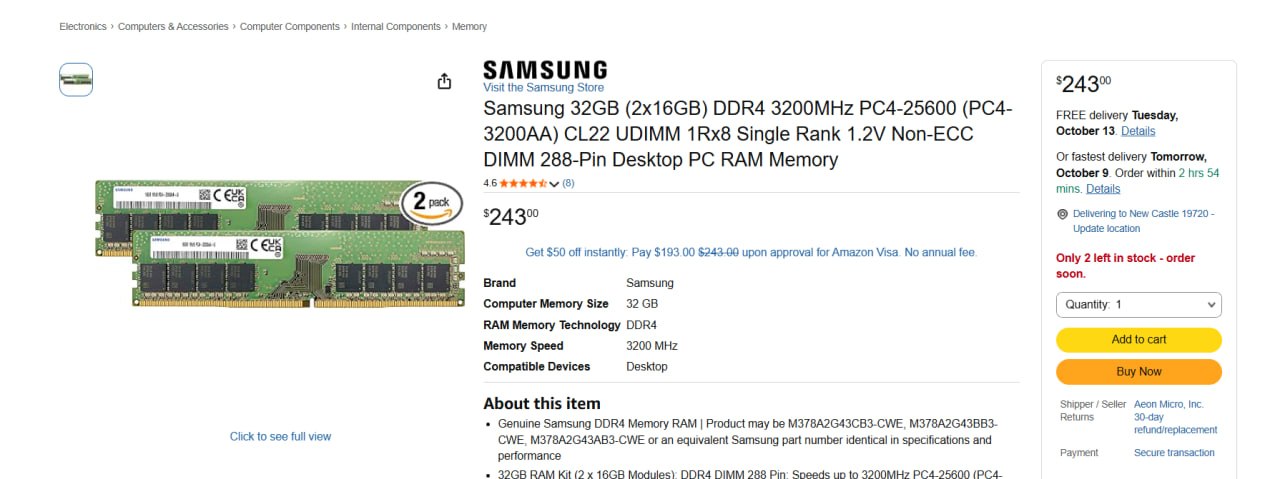 Оперативная память Samsung DDR4 32GB (2×16GB) 3200 MHz