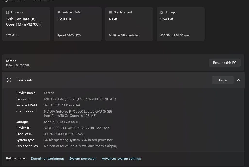 Ноутбук MSI Katana 76 (i7, 32GB, 1TB SSD, RTX 3060)