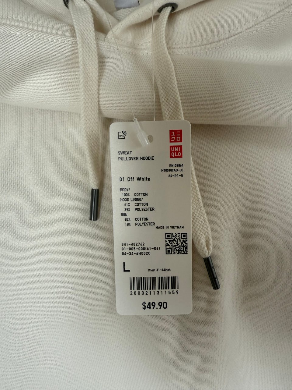Худи UNIQLO Sweat Pullover Hoodie, размер L, белое