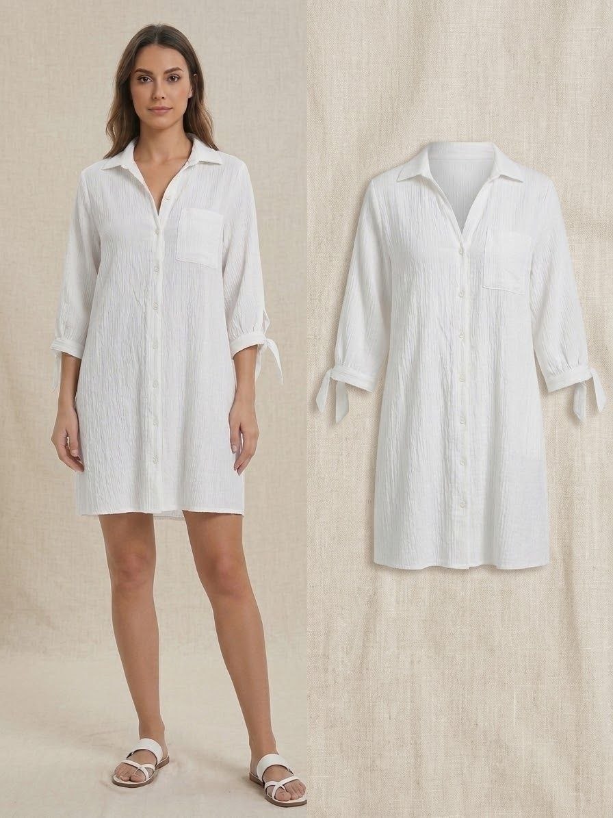 Белое жатое платье-рубашка / туника, размер L/XL