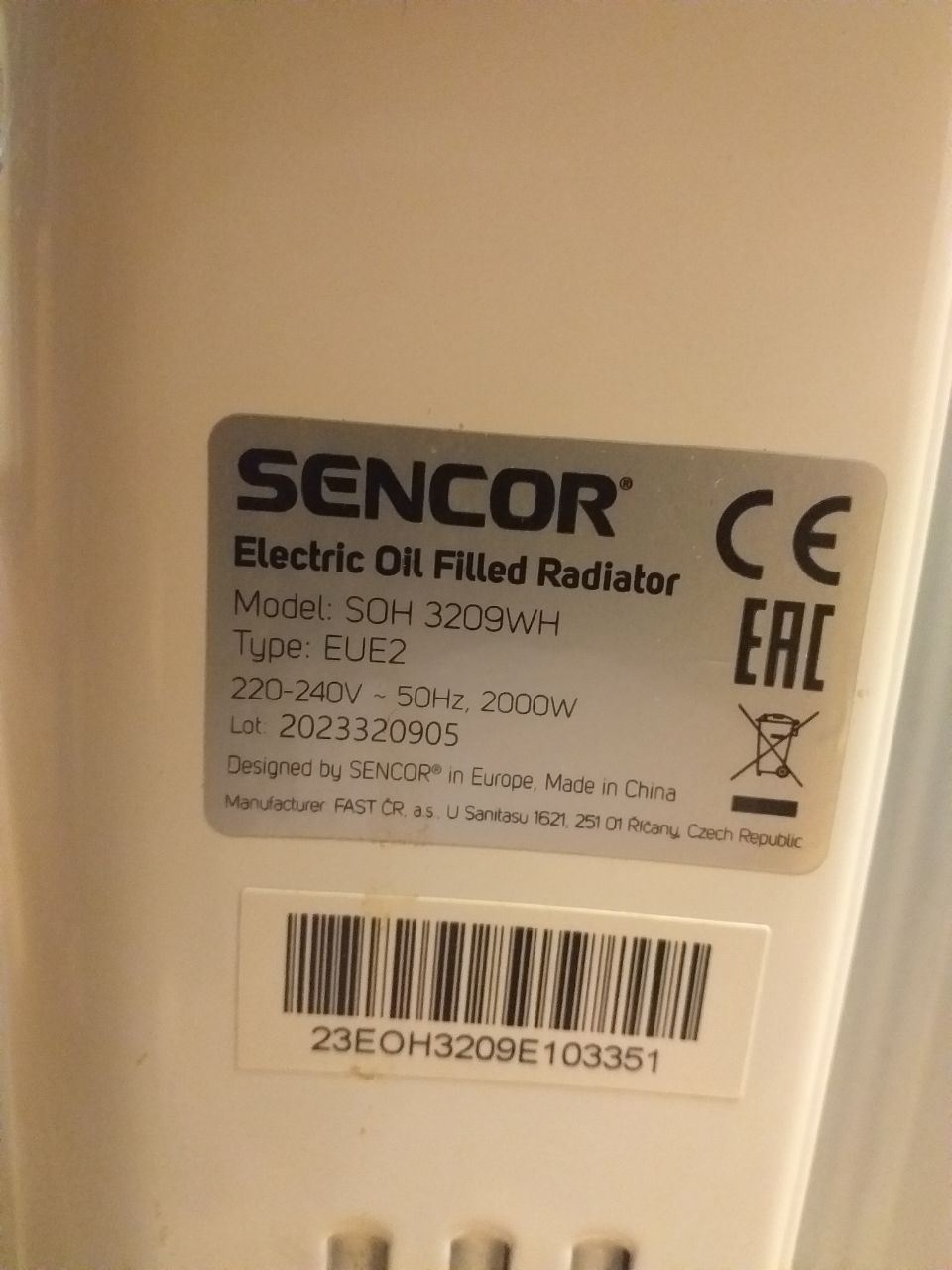 Sencor SOH 3209WH масляный радиатор, 9 секций