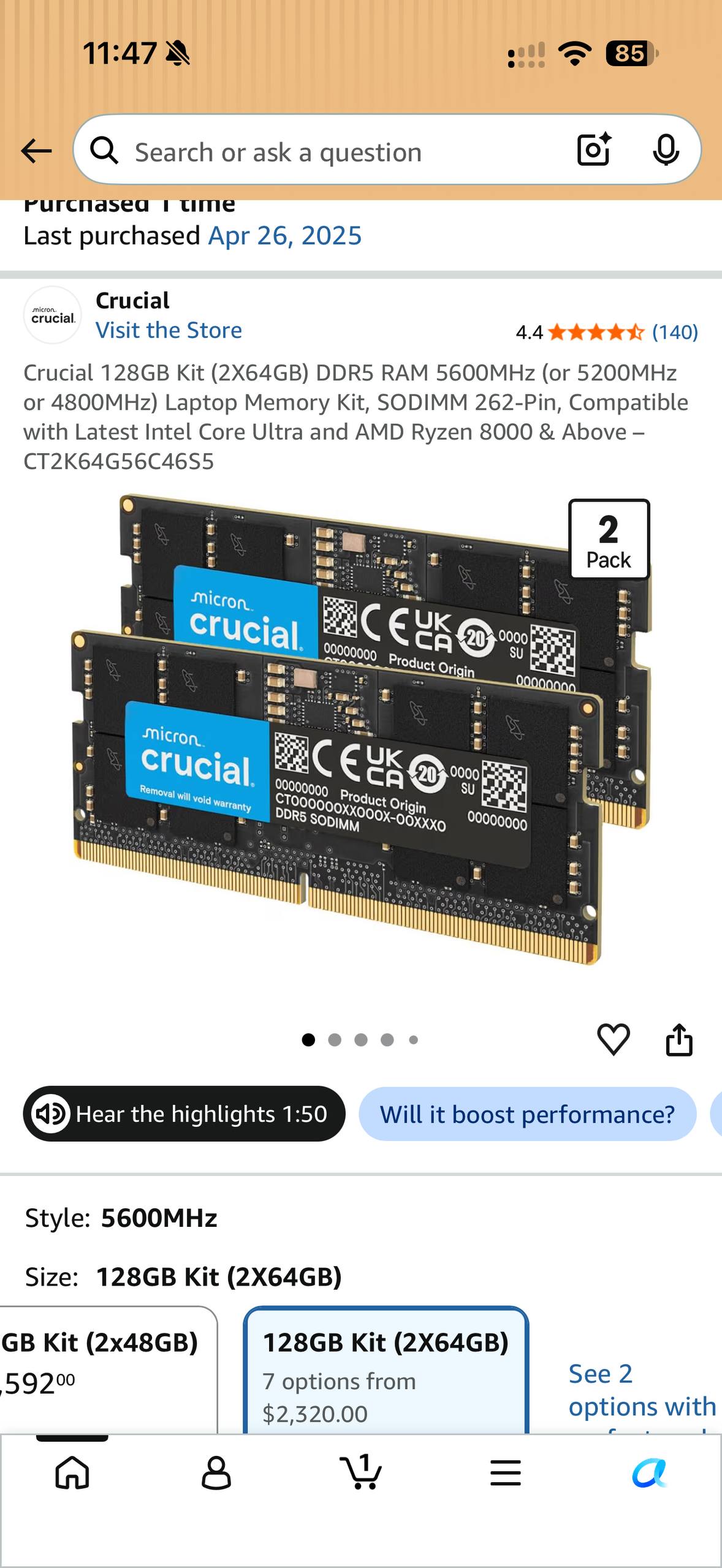Crucial 128GB Kit (2x64GB) DDR5 RAM 5600MHz