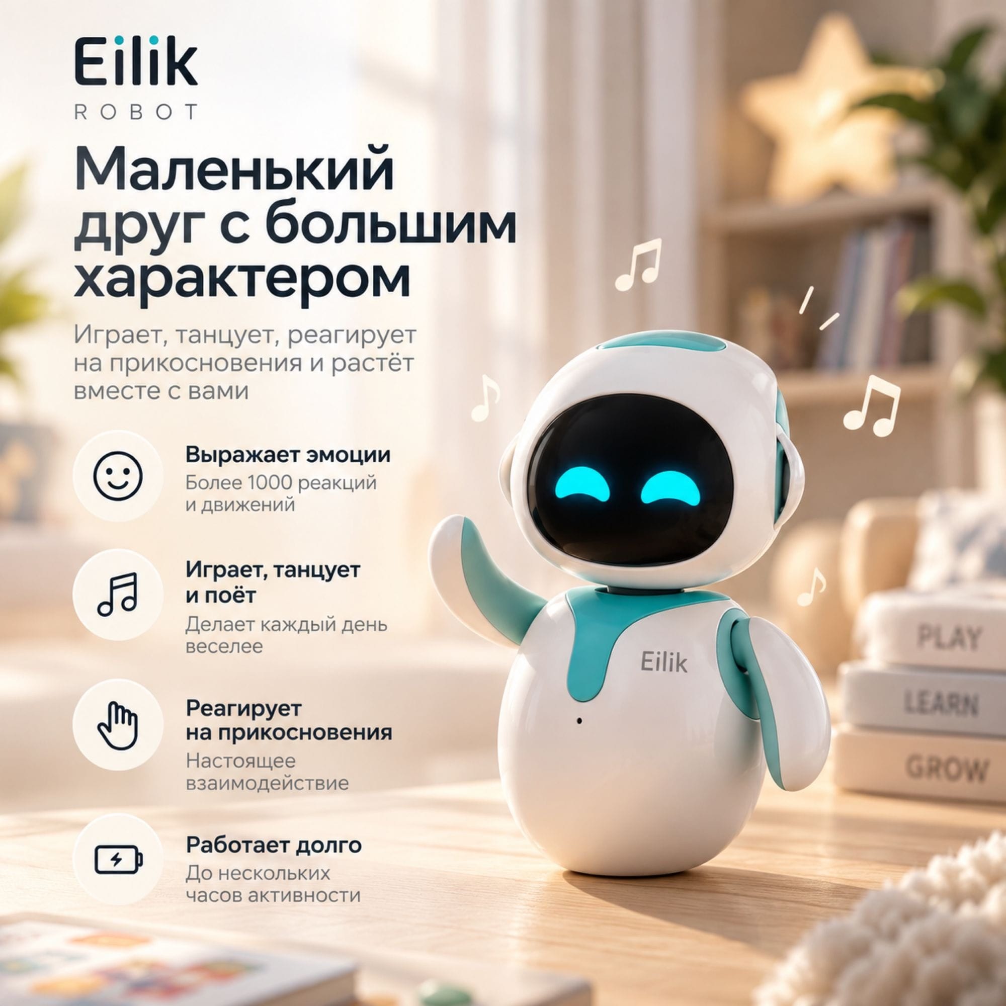 Eiliko голубой — мини-робот с ИИ и подсветкой